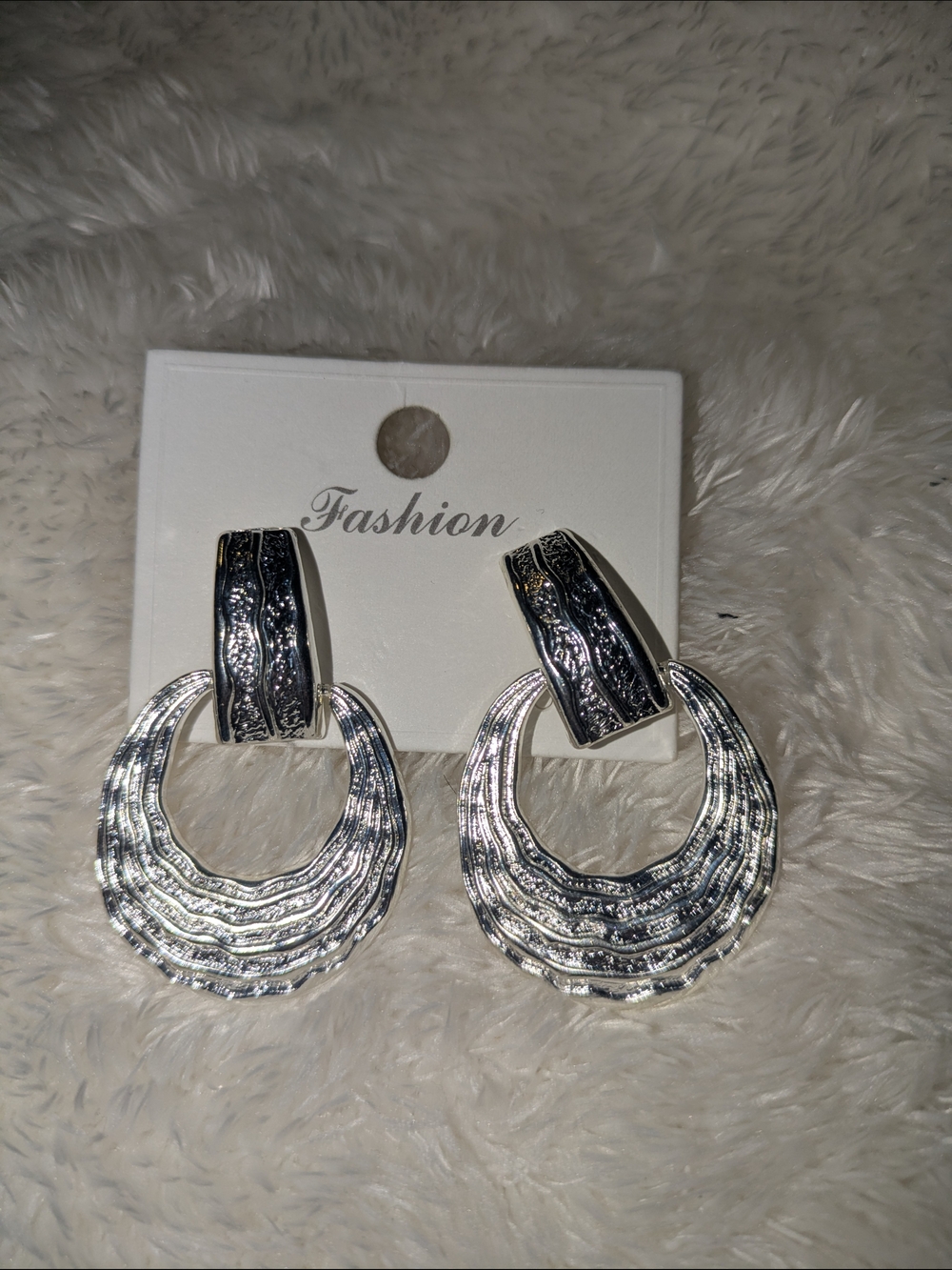 Silver Textured Hoop Drop Earrings